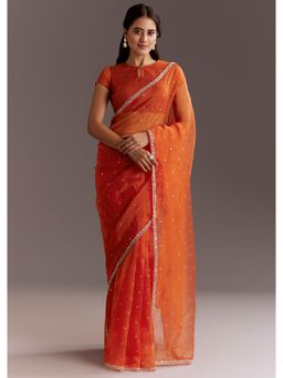 KALKI FASHION - Women Orange Tissue Embellished Saree with Unstitched Blouse