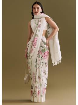 KALKI FASHION - Women White Linen Floral Saree with Unstitched Blouse