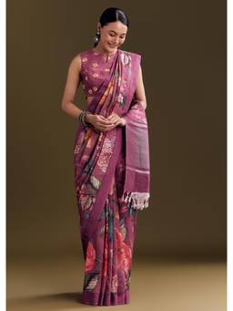KALKI FASHION - Women Purple Linen Floral Saree with Unstitched Blouse