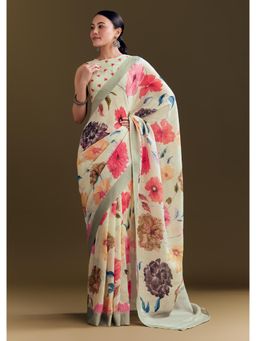 KALKI FASHION - Women Green Linen Floral Saree with Unstitched Blouse