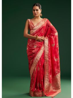 KALKI FASHION - Women Red Silk Woven Saree with Unstitched Blouse