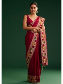 KALKI FASHION - Women Maroon Georgette Woven Saree with Unstitched Blouse