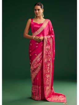 KALKI FASHION - Women Pink Satin Woven Saree with Unstitched Blouse
