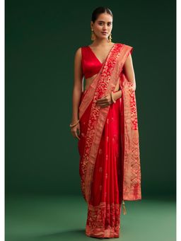 KALKI FASHION - Women Red Satin Woven Saree with Unstitched Blouse