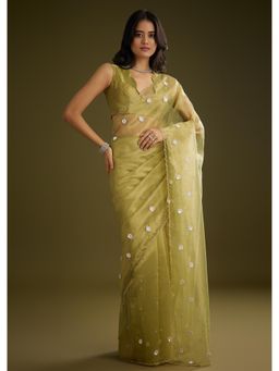 KALKI FASHION - Women Green Tissue Embellished Saree with Unstitched Blouse
