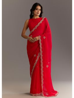 KALKI FASHION - Women Red Tissue Embellished Saree with Unstitched Blouse