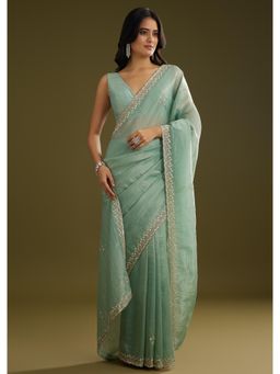 KALKI FASHION - Women Green Tissue Embellished Saree with Unstitched Blouse