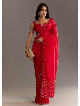 KALKI FASHION - Women Red Tissue Embellished Saree with Unstitched Blouse