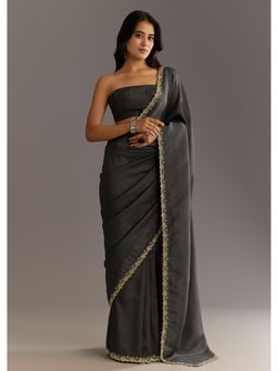 KALKI FASHION - Women Black Tissue Embellished Saree with Unstitched Blouse
