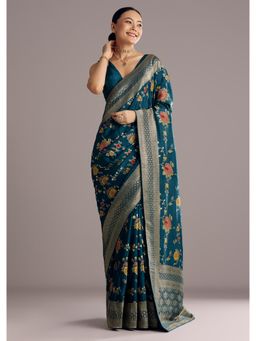 KALKI FASHION - Women Teal Silk Floral Saree with Unstitched Blouse