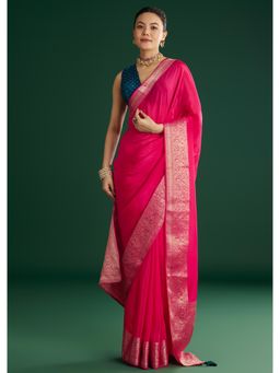 KALKI FASHION - Women Pink Silk Woven Saree with Unstitched Blouse
