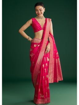 KALKI FASHION - Women Pink Silk Woven Saree with Unstitched Blouse