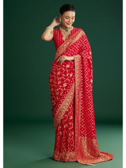 KALKI FASHION - Women Red Georgette Woven Saree with Unstitched Blouse