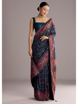 KALKI FASHION - Women Teal Silk Floral Saree with Unstitched Blouse