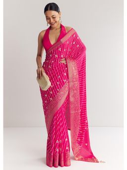 KALKI FASHION - Women Pink Silk Printed Saree with Unstitched Blouse