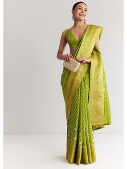 KALKI FASHION - Women Green Silk Printed Saree with Unstitched Blouse
