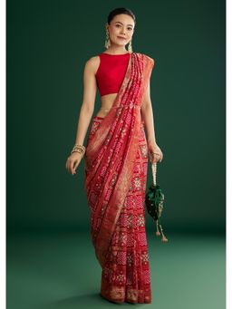 KALKI FASHION - Women Red Silk Woven Saree with Unstitched Blouse