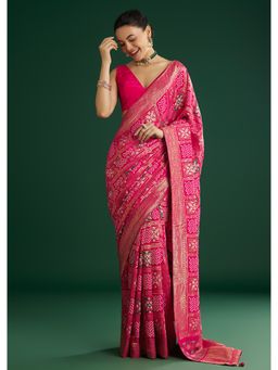 KALKI FASHION - Women Pink Silk Woven Saree with Unstitched Blouse