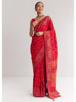 KALKI FASHION - Women Red Silk Floral Saree with Unstitched Blouse