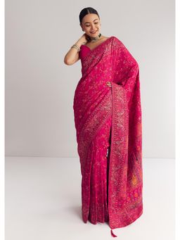 KALKI FASHION - Women Pink Silk Floral Saree with Unstitched Blouse