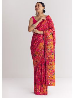 KALKI FASHION - Women Pink Silk Floral Saree with Unstitched Blouse