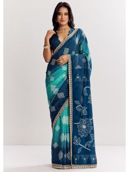 KALKI FASHION - Women Navy Blue Muslin Ombre Saree with Unstitched Blouse