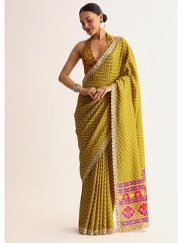 KALKI FASHION - Women Green Satin Printed Saree with Unstitched Blouse