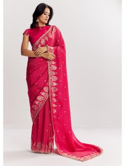 KALKI FASHION - Women Pink Georgette Woven Saree with Unstitched Blouse