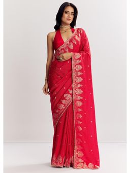 KALKI FASHION - Women Red Georgette Woven Saree with Unstitched Blouse