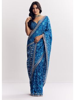 KALKI FASHION - Women Blue Satin Printed Saree with Unstitched Blouse