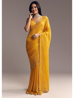 KALKI FASHION - Women Yellow Organza Embellished Saree with Unstitched Blouse