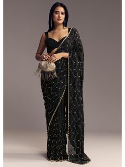 KALKI FASHION - Women Black Chinon Embellished Saree with Unstitched Blouse