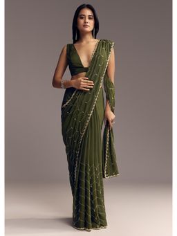 KALKI FASHION - Women Olive Chinon Embellished Saree with Unstitched Blouse