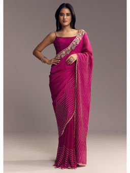KALKI FASHION - Women Magenta Organza Embellished Saree with Unstitched Blouse