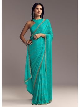KALKI FASHION - Women Blue Chinon Embellished Saree with Unstitched Blouse