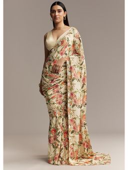 KALKI FASHION - Women Beige Crepe Floral Saree with Unstitched Blouse