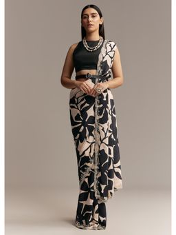 KALKI FASHION - Women Black Crepe Floral Saree with Unstitched Blouse