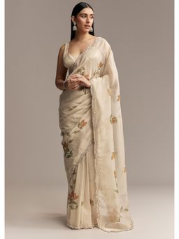 KALKI FASHION - Women Beige Tissue Floral Saree with Unstitched Blouse