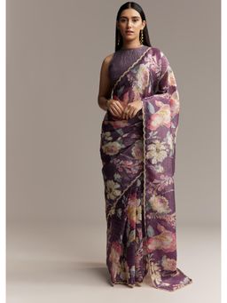 KALKI FASHION - Women Purple Tissue Floral Saree with Unstitched Blouse