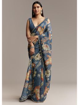 KALKI FASHION - Women Blue Tissue Floral Saree with Unstitched Blouse