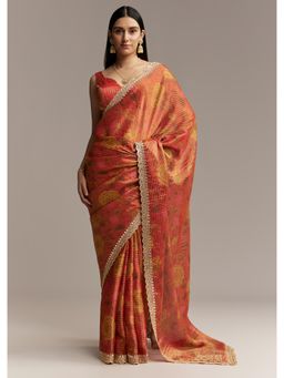 KALKI FASHION - Women Orange Tissue Floral Saree with Unstitched Blouse