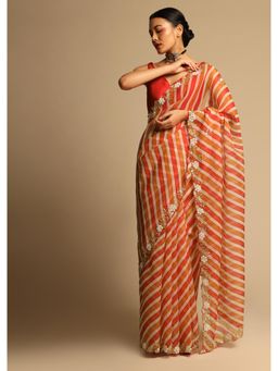 KALKI FASHION - Women Multi-Color Organza Stripes Saree with Unstitched Blouse