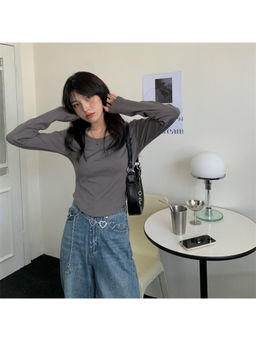 PARTIQ - Women Grey Solid Full Sleeves T-Shirt