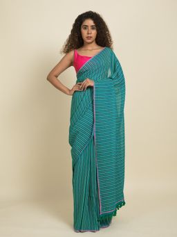 Suta - Yellow and Pink Stripes On Blue Cotton Saree