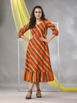 CHARUKRITI - Multi-Color Cotton Blend Stripe Printed Flared Ethnic Dress