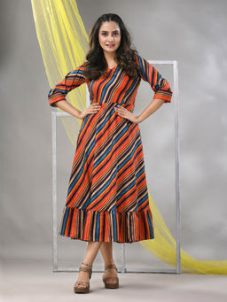 CHARUKRITI - Multi-Color Cotton Blend Stripe Printed Flared Ethnic Dress