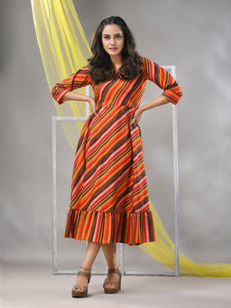 CHARUKRITI - Multi-Color Cotton Blend Stripe Printed Flared Ethnic Dress