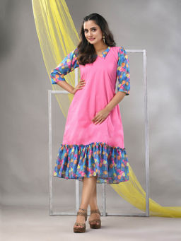 CHARUKRITI - Pink Cotton Solid A-line Ethnic Dress With Ruffle