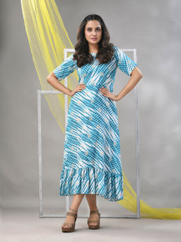 CHARUKRITI - White & Cobalt Blue Rayon Shibori Printed Ethnic Dress