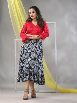 CHARUKRITI - Navy Blue Rayon Printed Flared Ethnic Dress